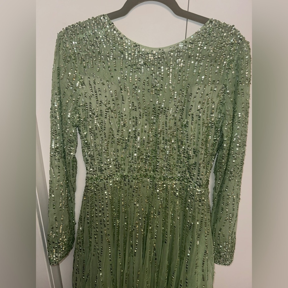 NWT| 5636 Sage Green Illusion High Neck Long Sleeve Embellished Gown Size 10 - Picture 11 of 15